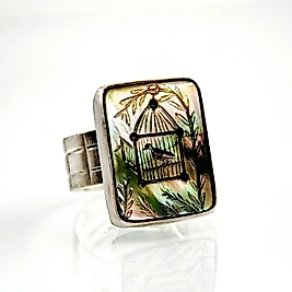 KUŞ VE KAFES MOTİFLİ SEDEF YÜZÜK