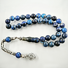 NATÜREL LAPİS LAZULİ GÜMÜŞ PÜSKÜLLÜ ÖZEL TASARIM TESBİH