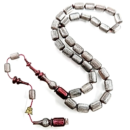 EMİNE REŞVANİ USTA İŞÇİLİKLİ KÜL RENGİ SİMLİ SIKMA KEHRİBAR TESBİH