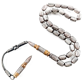 EMİNE REŞVANİ USTA İŞÇİLİKLİ GÜMÜŞ KAZAZİYELİ KÜL RENGİ SİMLİ SIKMA TESBİH