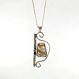 ALTIN RUTİLLİ KUVARS TAŞ TASARIMLI GÜMÜŞ KOLYE